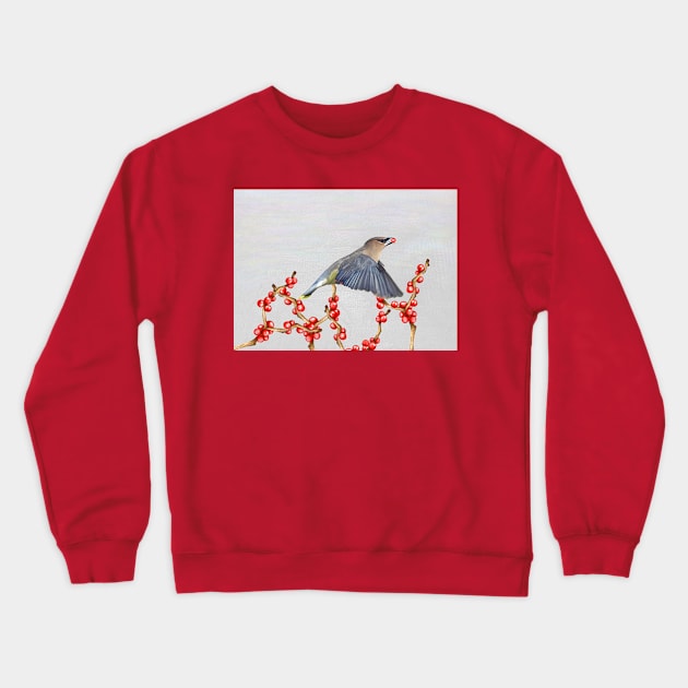 Cedar Waxwing with a Berry to Go Crewneck Sweatshirt by lauradyoung